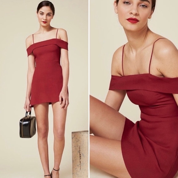 REFORMATION Red Off Shoulder Mini Dress - 4 - Picture 1 of 5